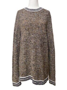 Marled Brown Alpaca Blend Knit Sweater Greek Key Trim Crewneck Cozy